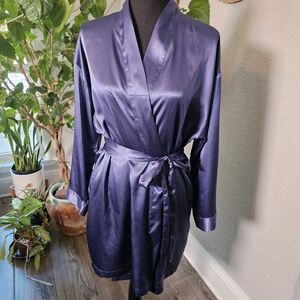 VICTORIA’S SECRET Navy Blue Satin Robe One Size Kimono Wrap Silky Lingerie VTG